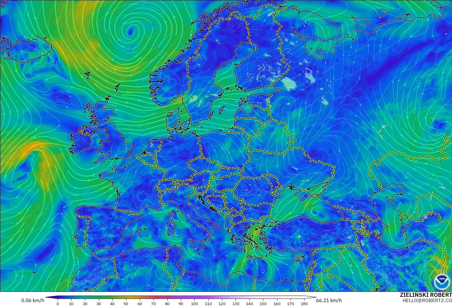 GFS model - Europe, Wind at 10m