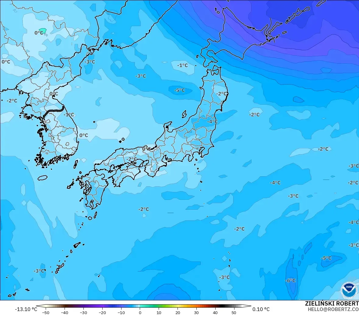 GFS model - Japan, Temperature at 500hPa