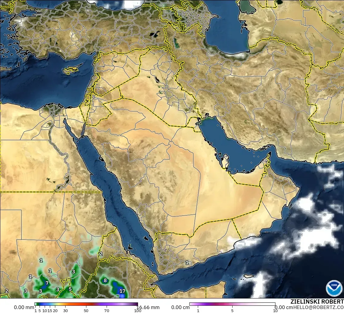 GFS model - Middle East, Precipitation, Clouds, and Pressure
