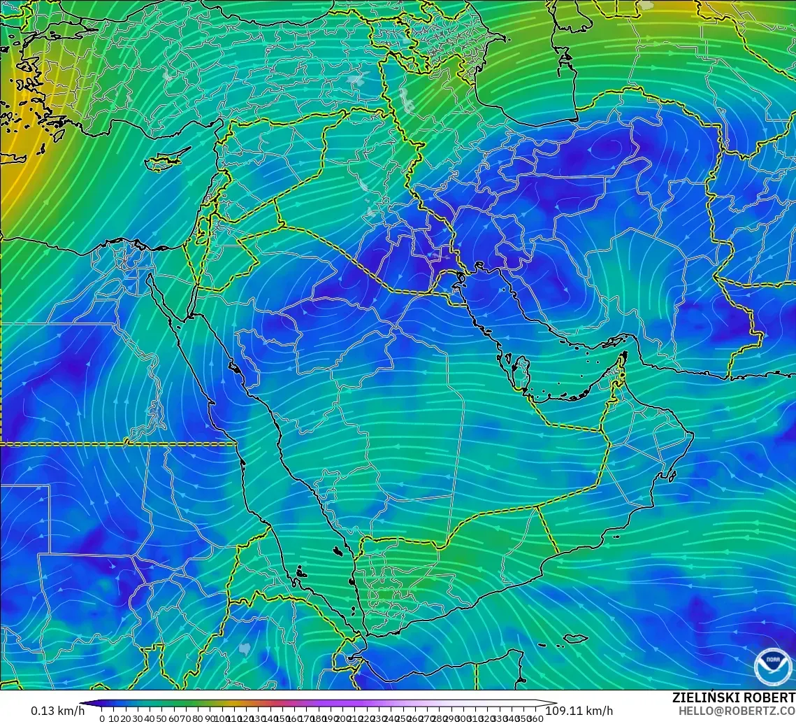 GFS model - Middle East, Wind at 300hPa (jet stream)