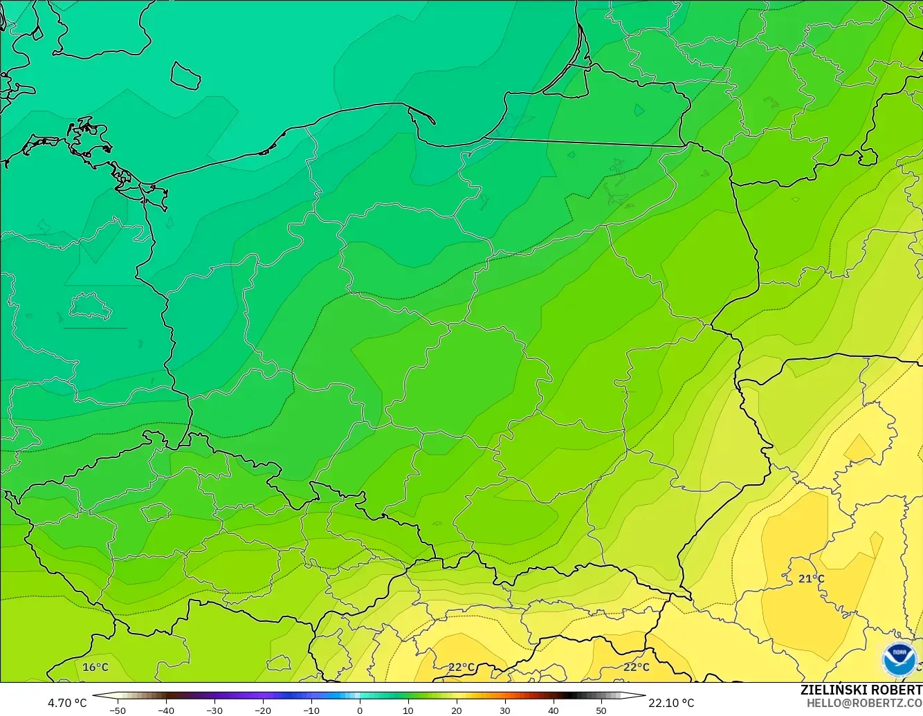 GFS model - Poland, Temperature at 850hPa