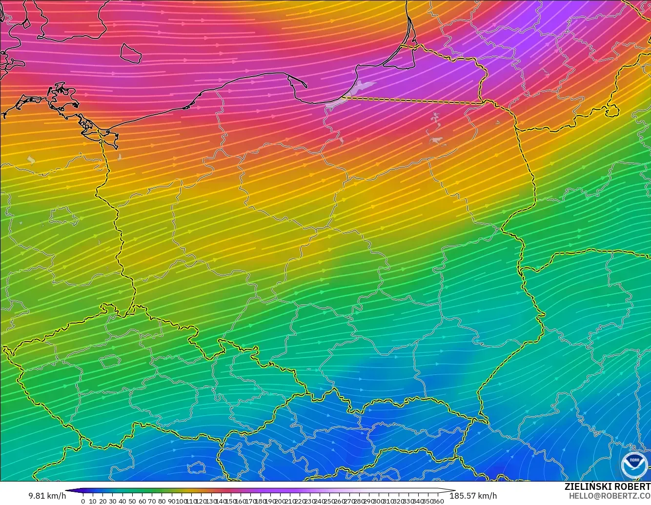GFS model - Poland, Wind at 300hPa (jet stream)