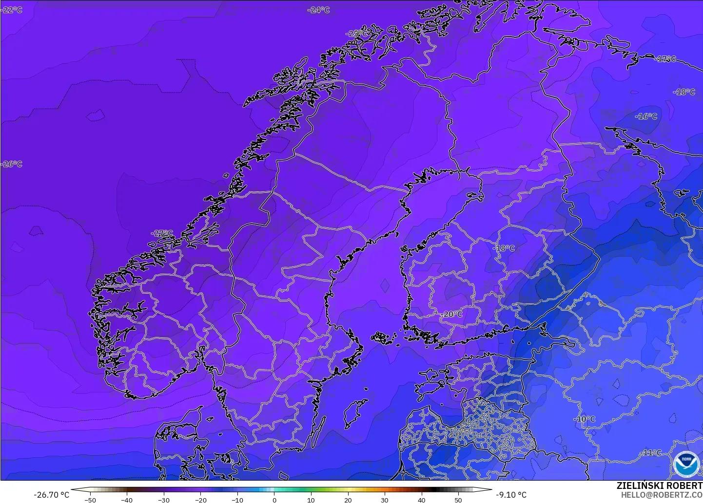 GFS model - Scandinavia, Temperature at 500hPa