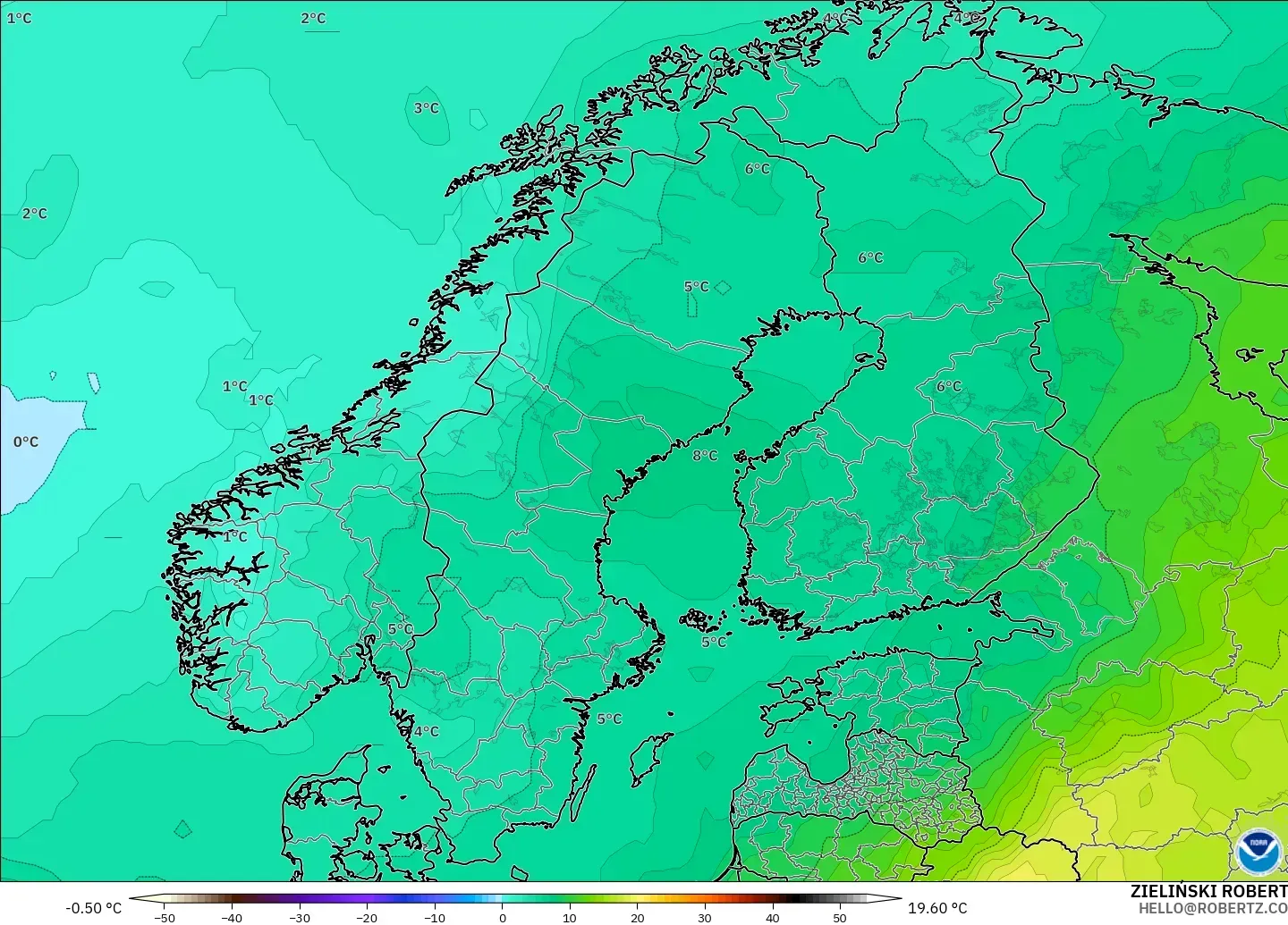 GFS model - Scandinavia, Temperature at 850hPa