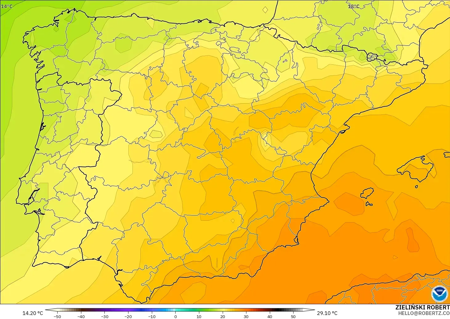 GFS model - Spain, Temperature at 850hPa