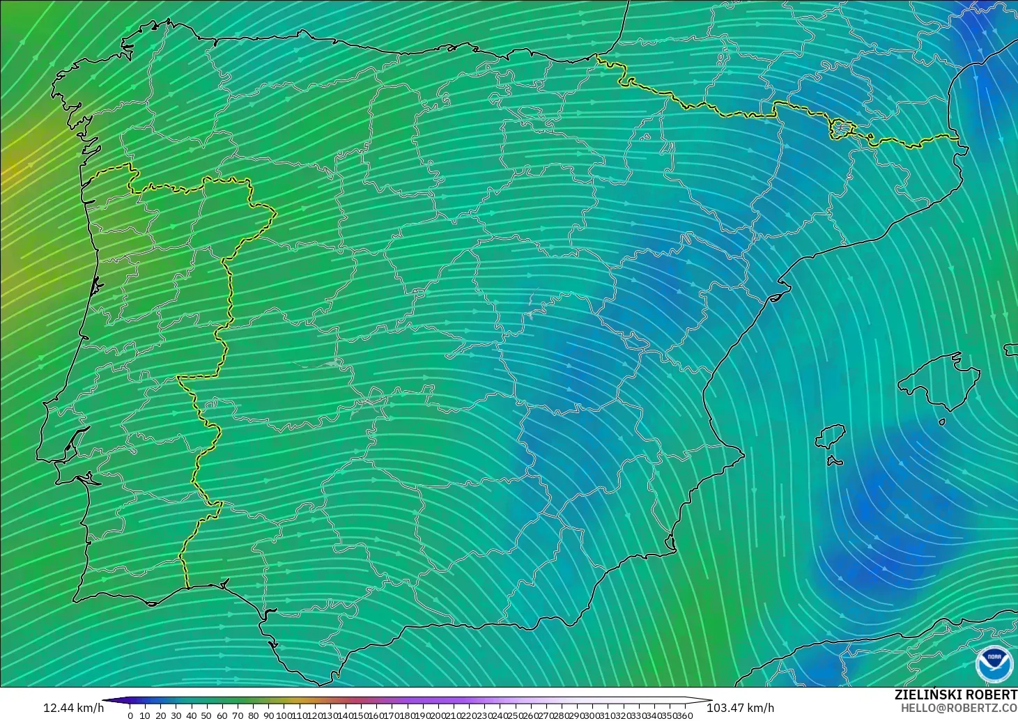 GFS model - Spain, Wind at 300hPa (jet stream)