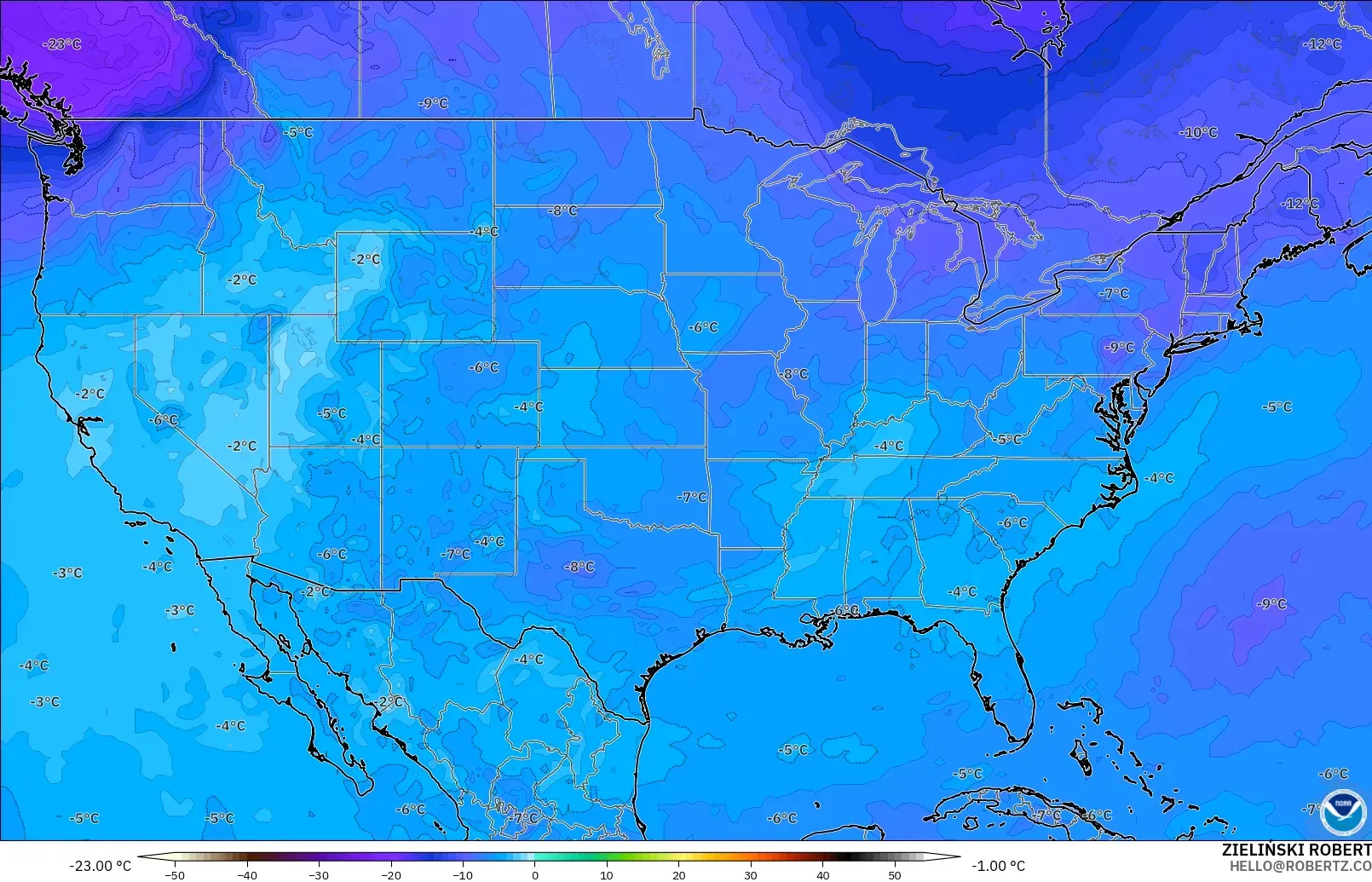 GFS model - United States, Temperature at 500hPa