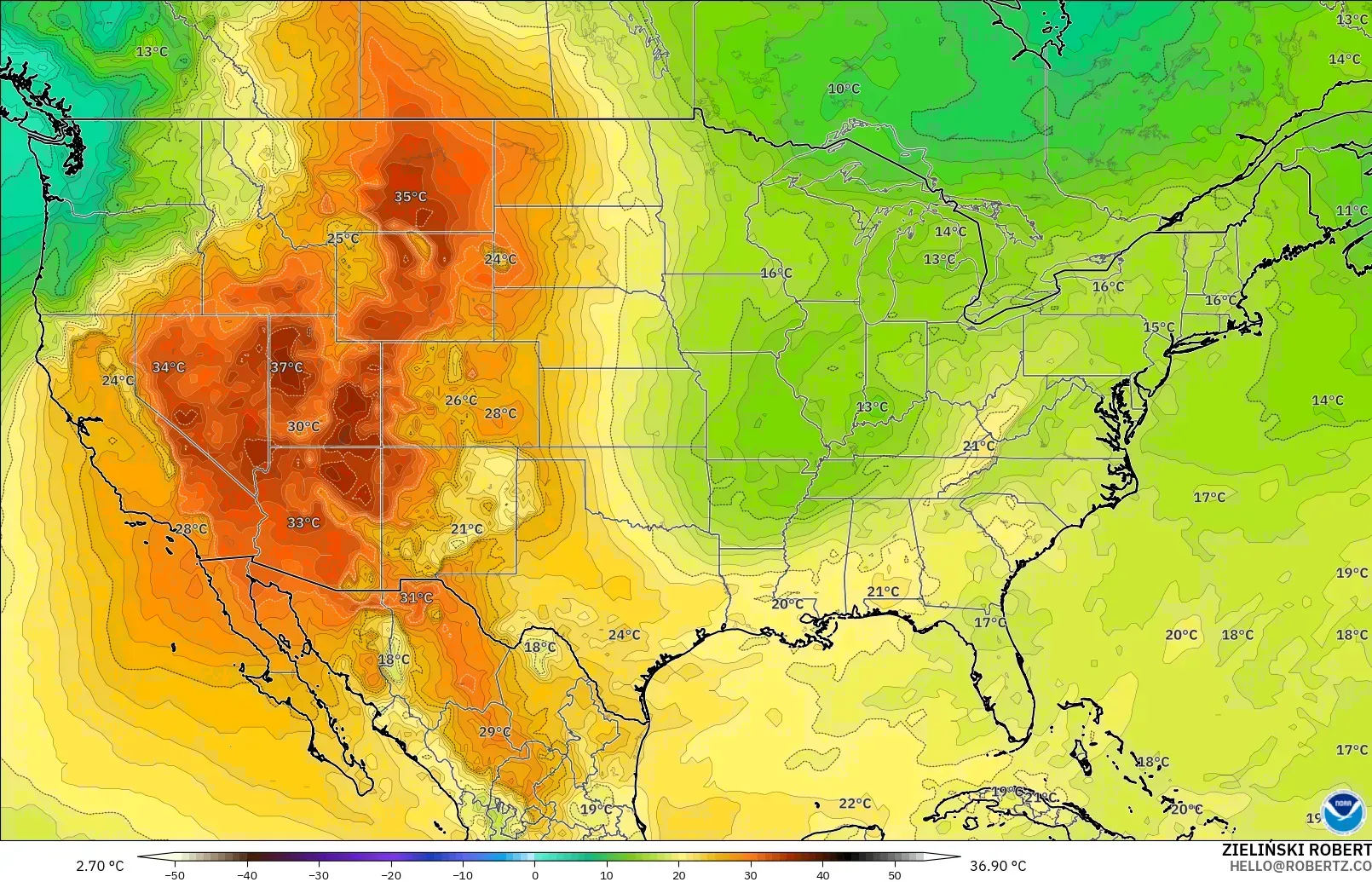 GFS model - United States, Temperature at 850hPa