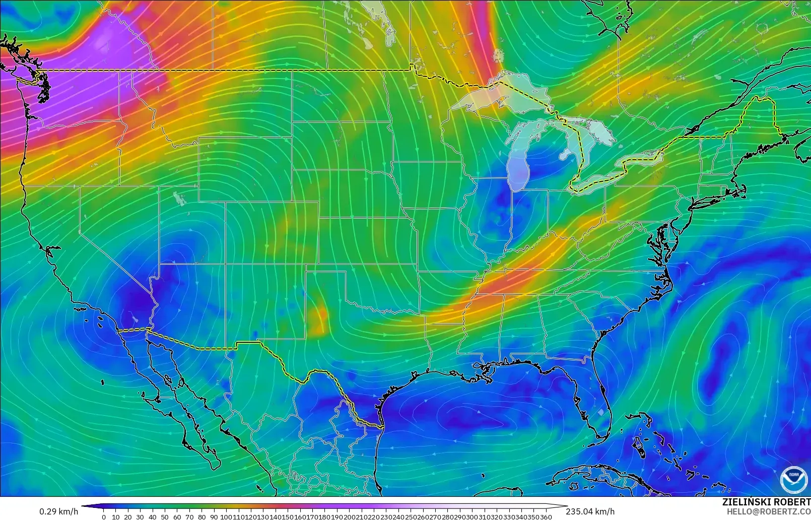 GFS model - United States, Wind at 300hPa (jet stream)