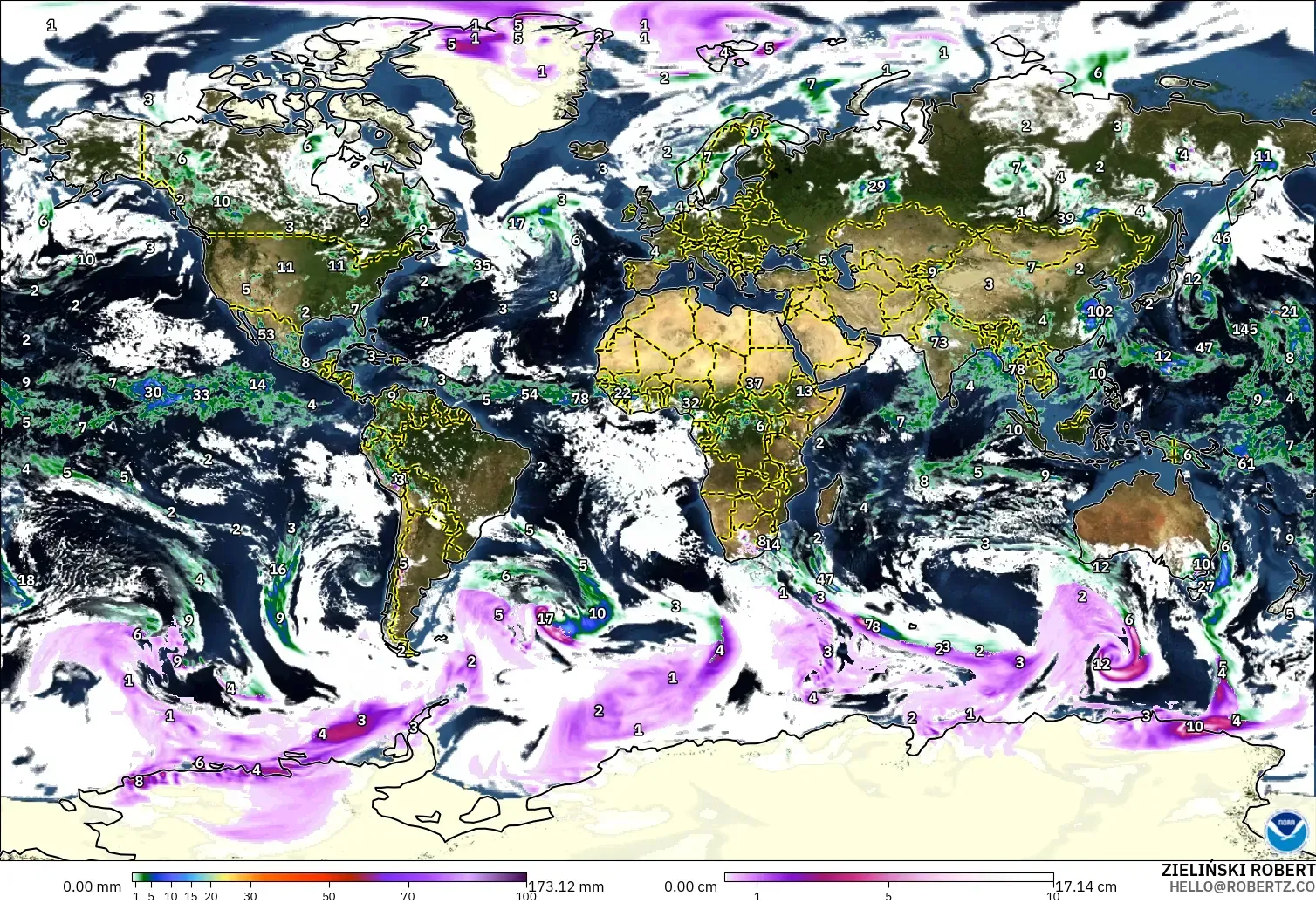 GFS model - World, Precipitation, Clouds, and Pressure