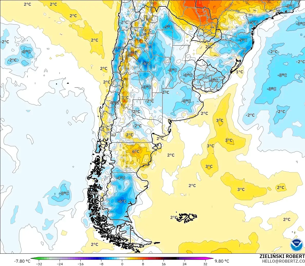 GFS model - Argentina, Temperature at 2m Anomaly