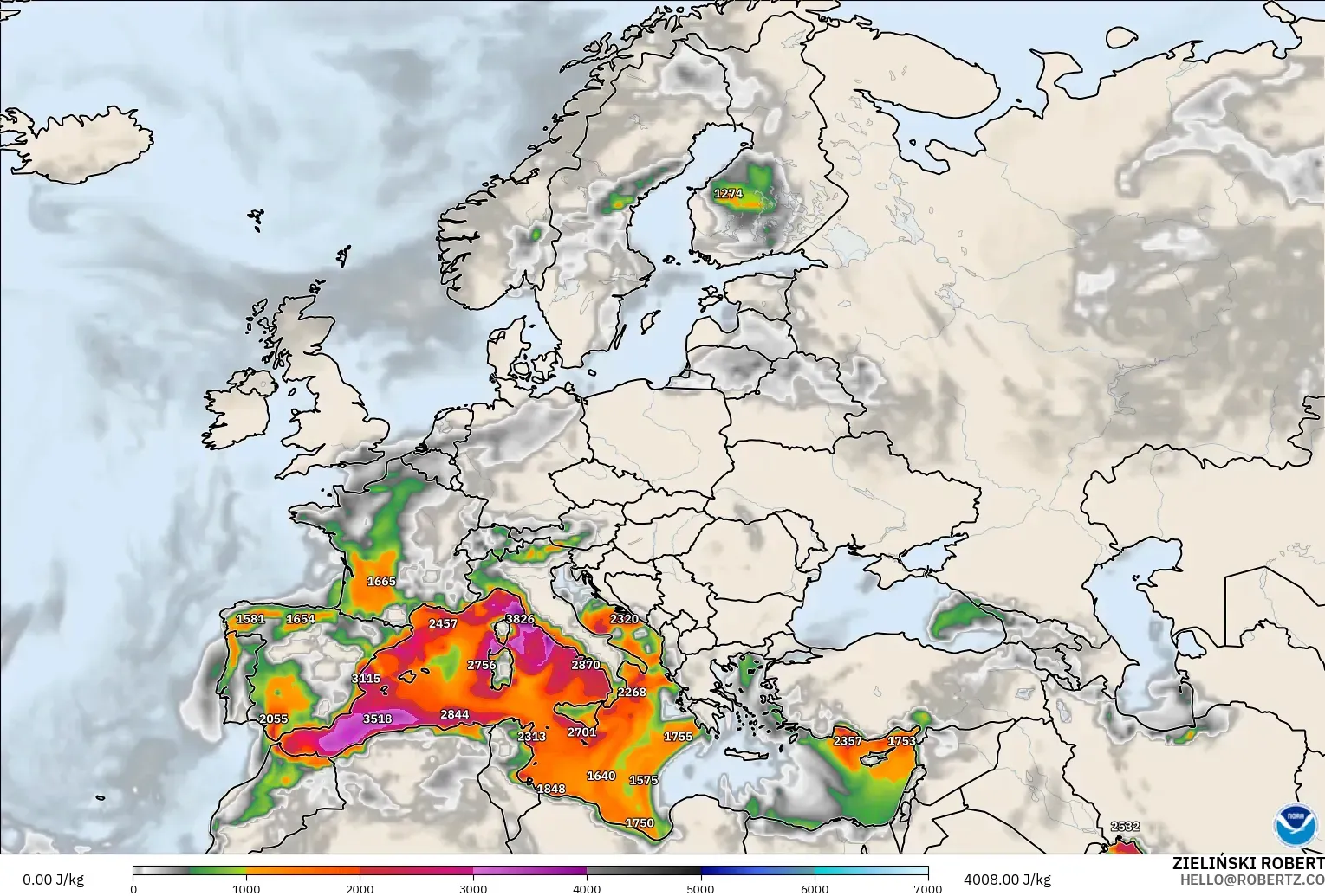 GFS model - Europe, CAPE