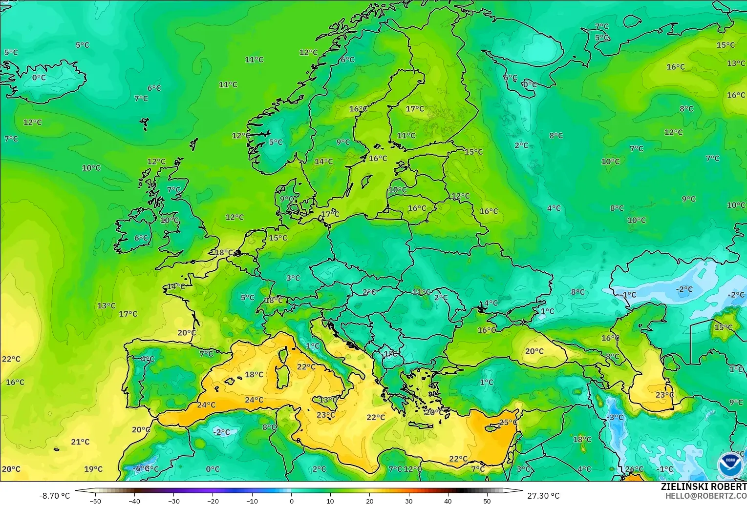 GFS model - Europe, Dewpoint at 2m