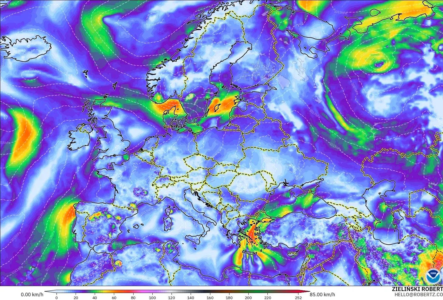 GFS model - Europe, Wind Gusts Peak