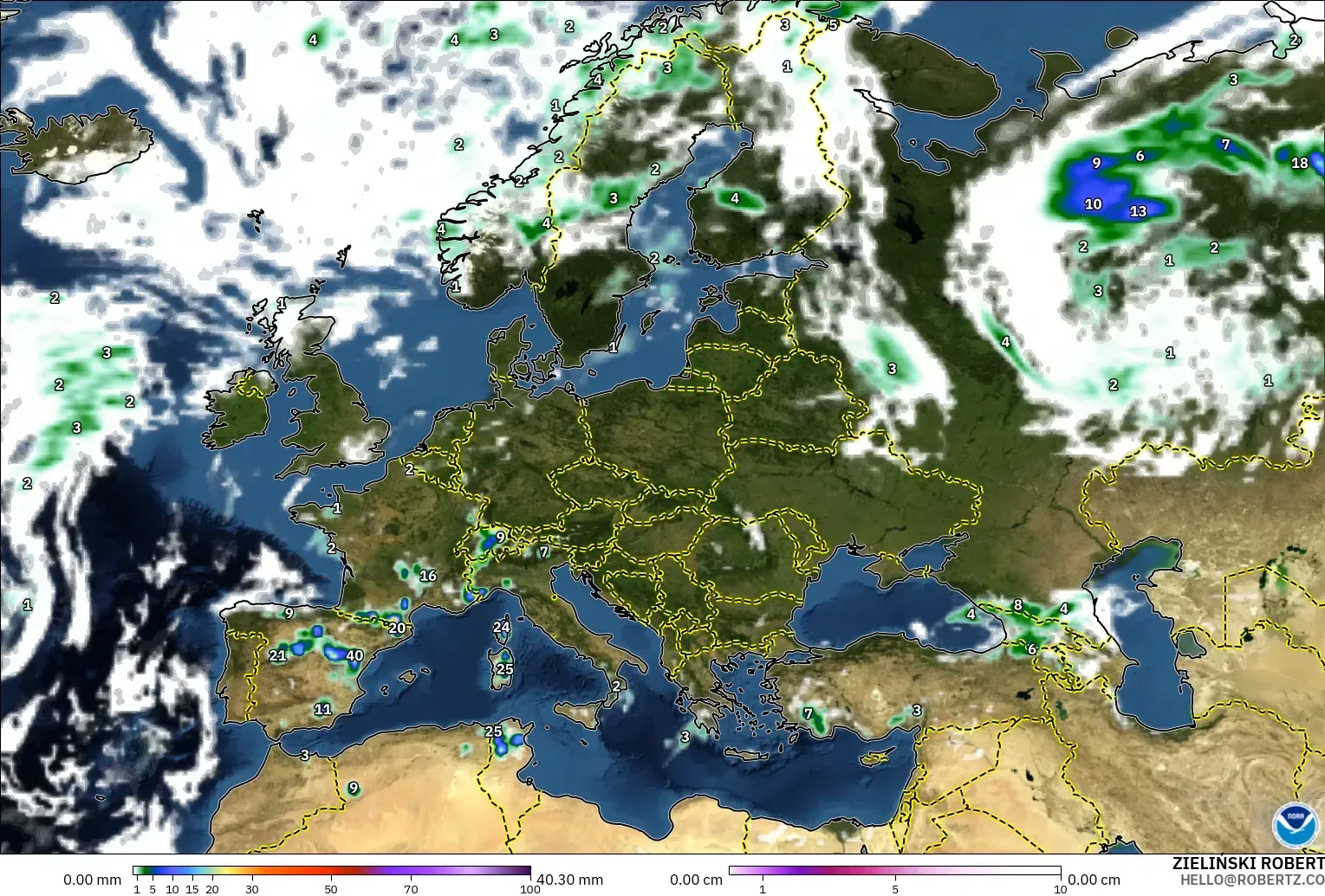 GFS model - Europe, Precipitation, Clouds, and Pressure