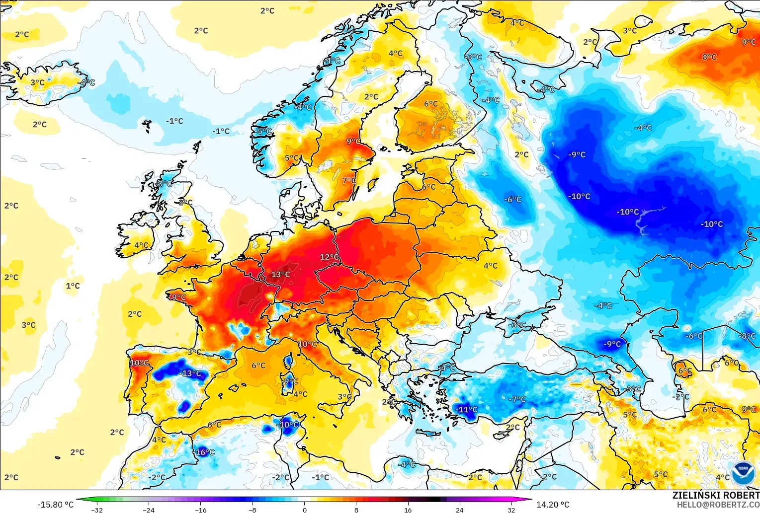 GFS model - Europe, Temperature at 2m Anomaly