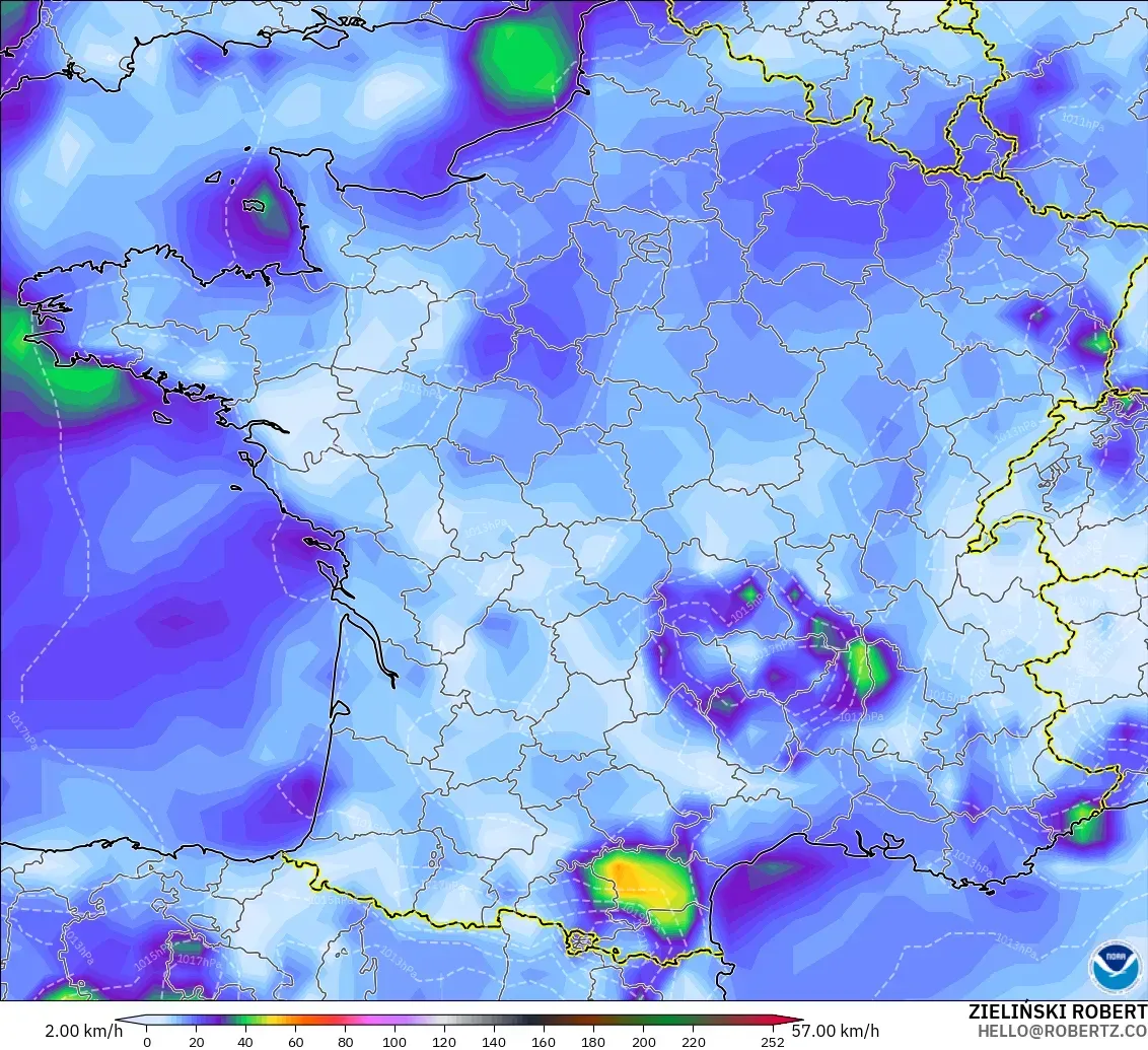 GFS model - France, Wind Gusts Peak