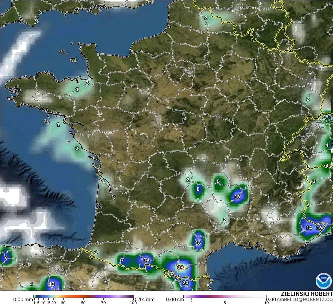 GFS model - France, Precipitation, Clouds, and Pressure