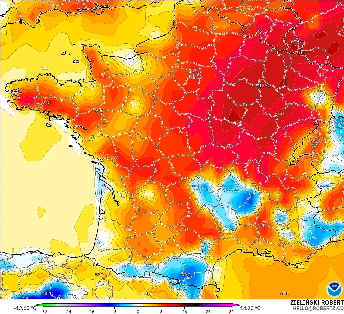 GFS model - France, Temperature at 2m Anomaly
