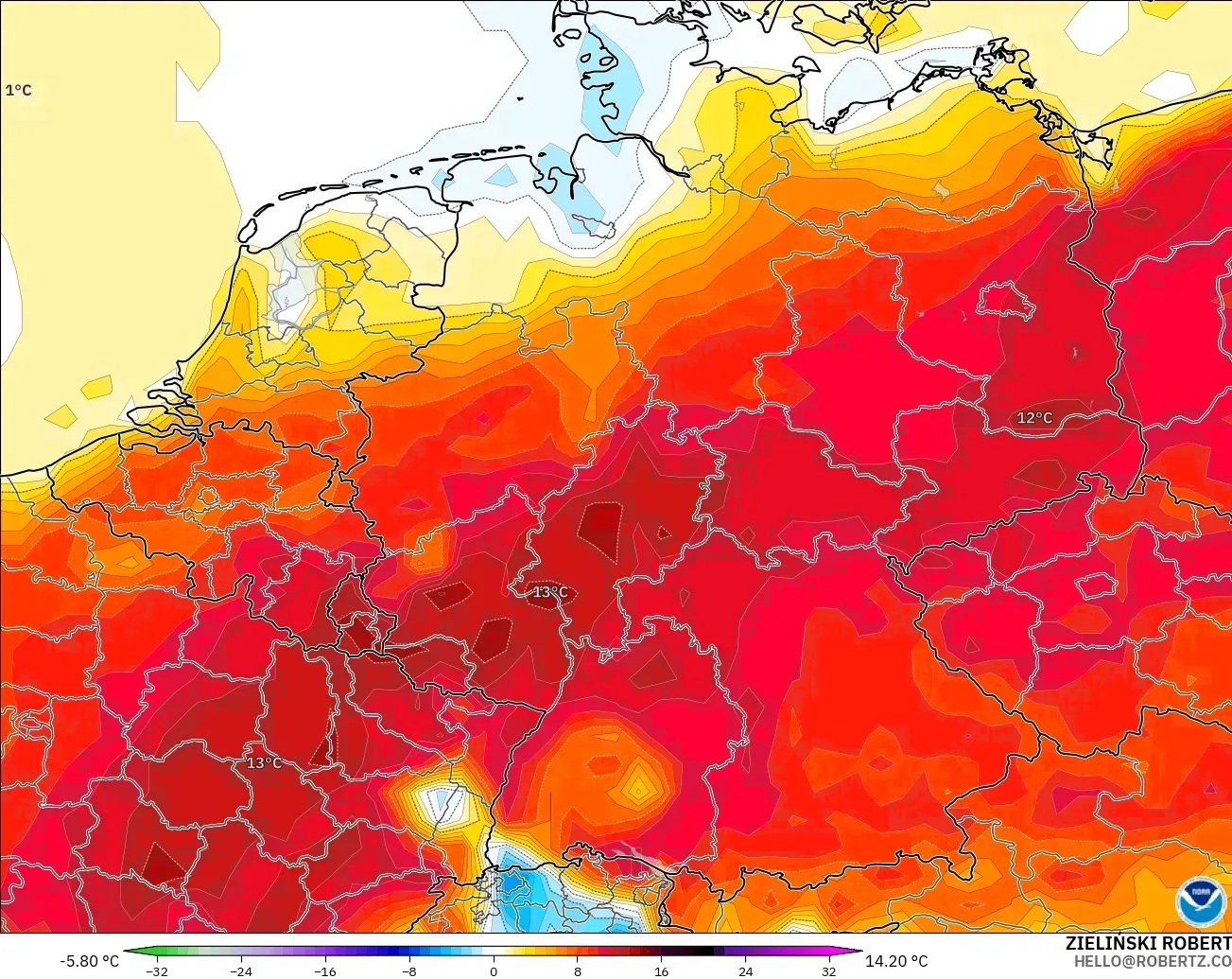 GFS model - Germany, Temperature at 2m Anomaly