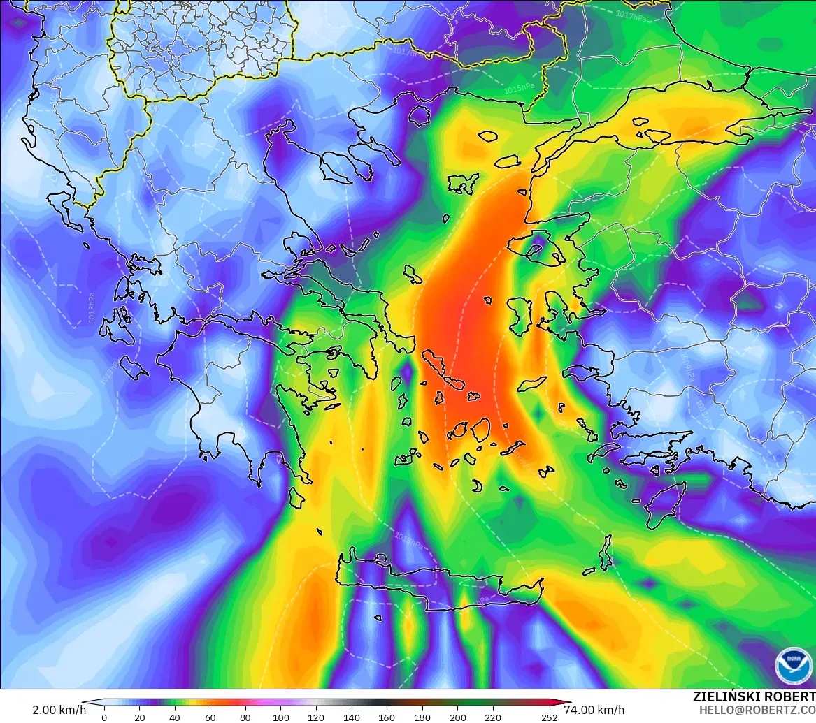 GFS model - Greece, Wind Gusts Peak