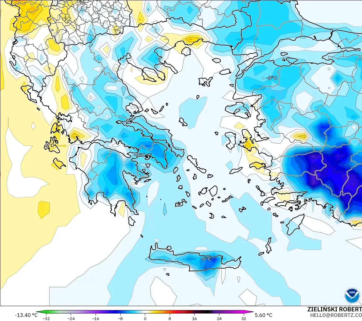 GFS model - Greece, Temperature at 2m Anomaly