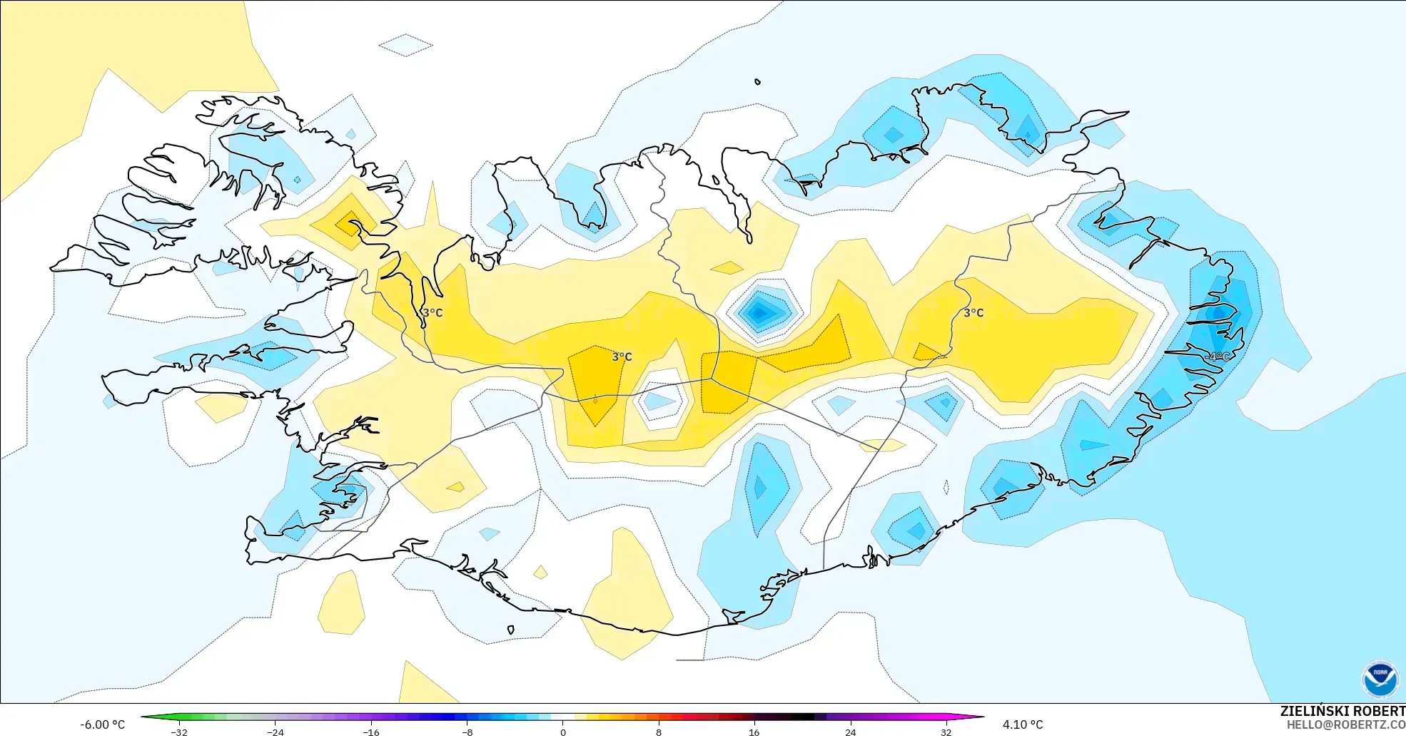 GFS model - Iceland, Temperature at 2m Anomaly