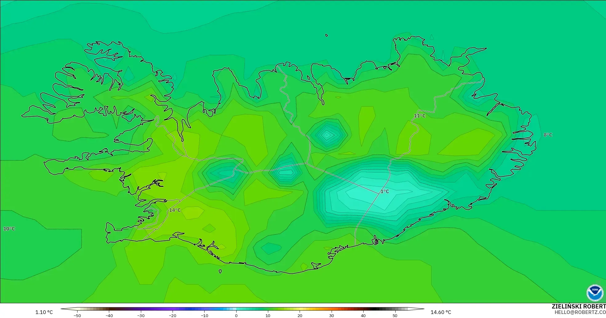 GFS model - Iceland, Temperature at 2m