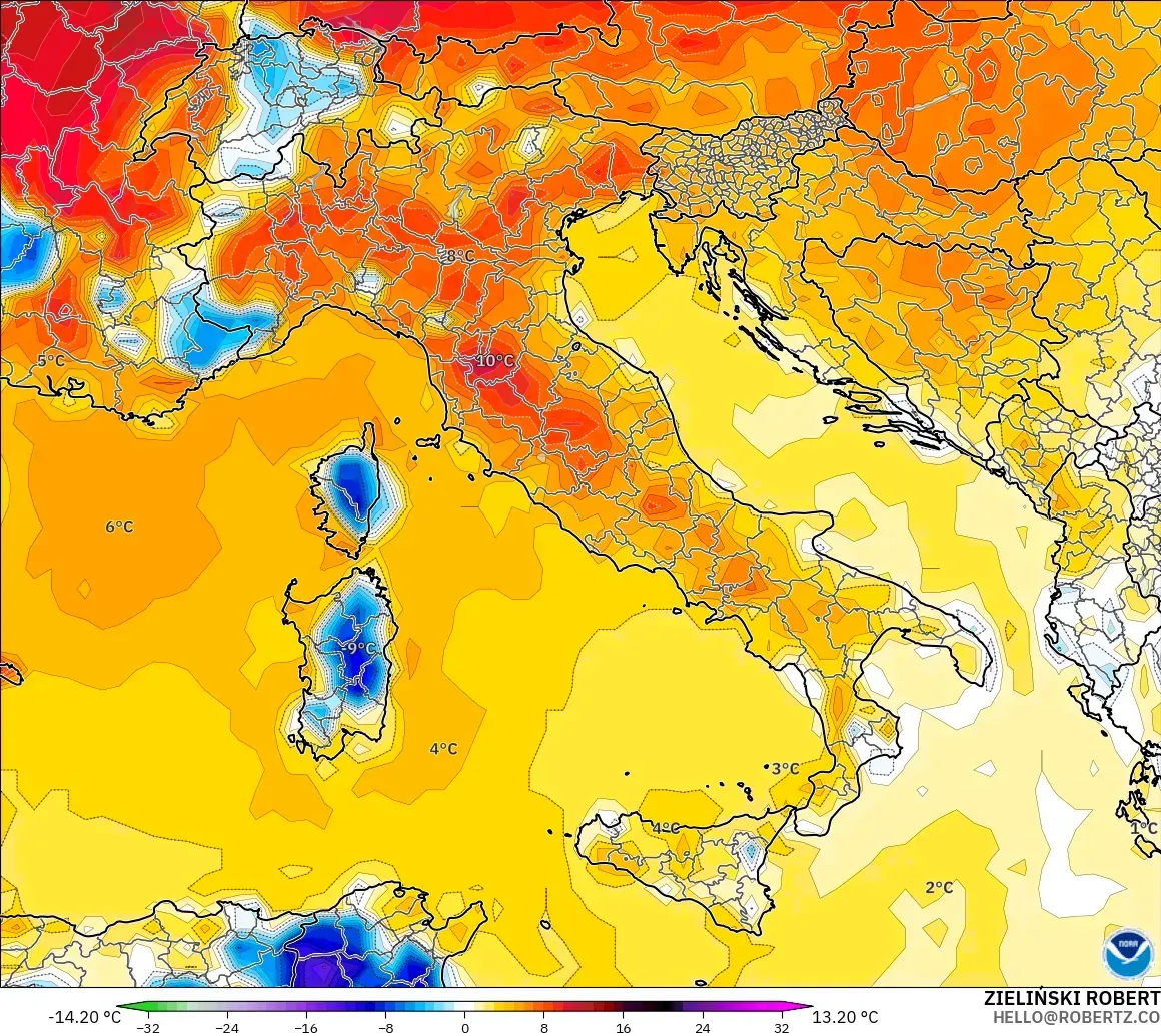 GFS model - Italy, Temperature at 2m Anomaly