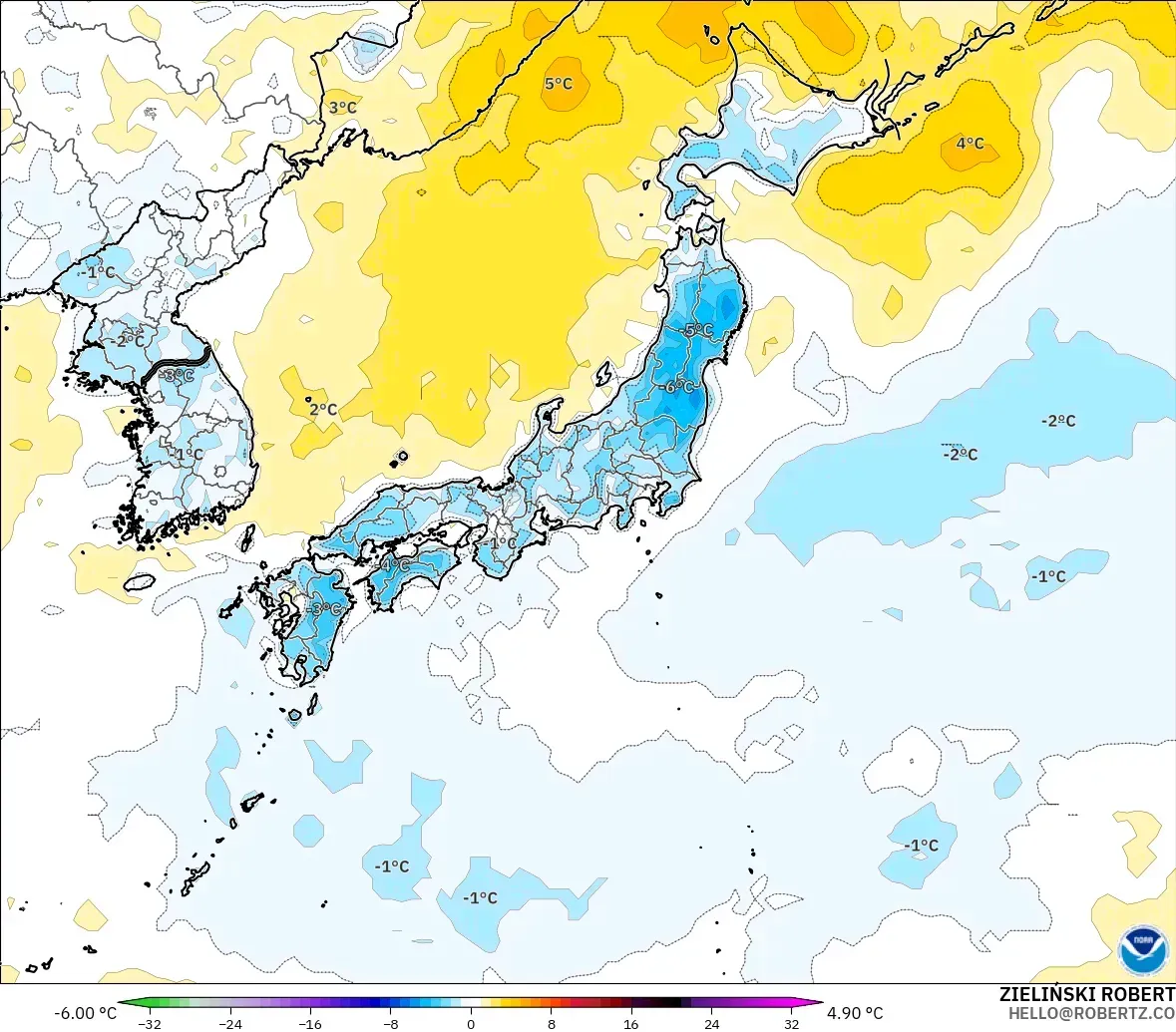 GFS model - Japan, Temperature at 2m Anomaly