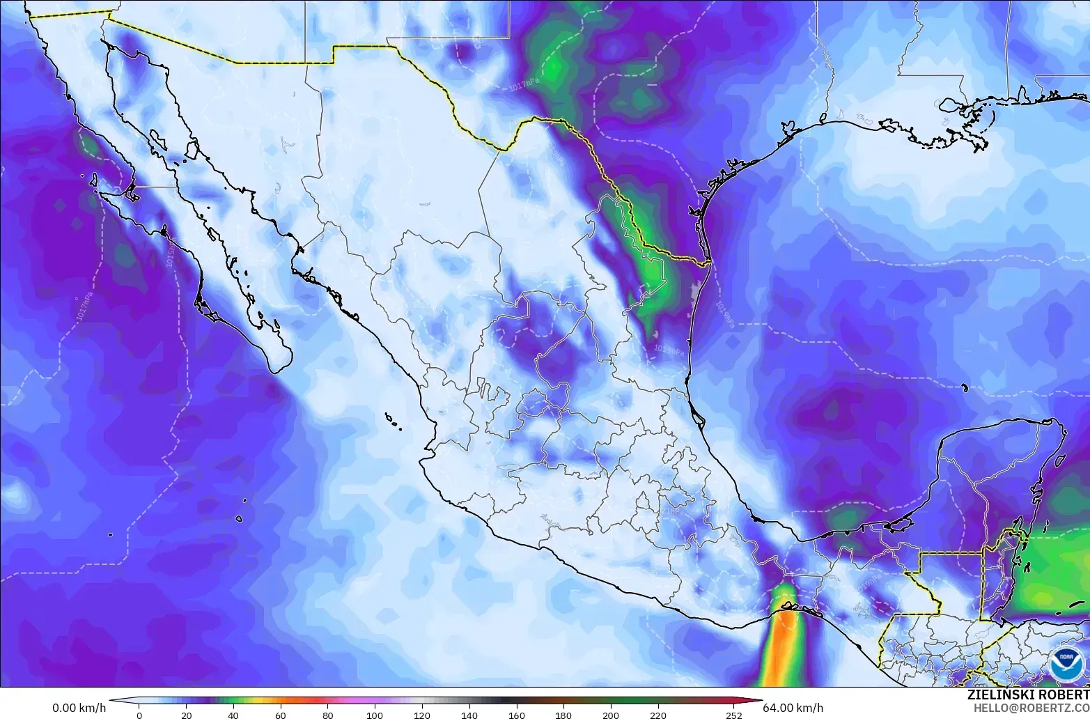GFS model - Mexico, Wind Gusts Peak