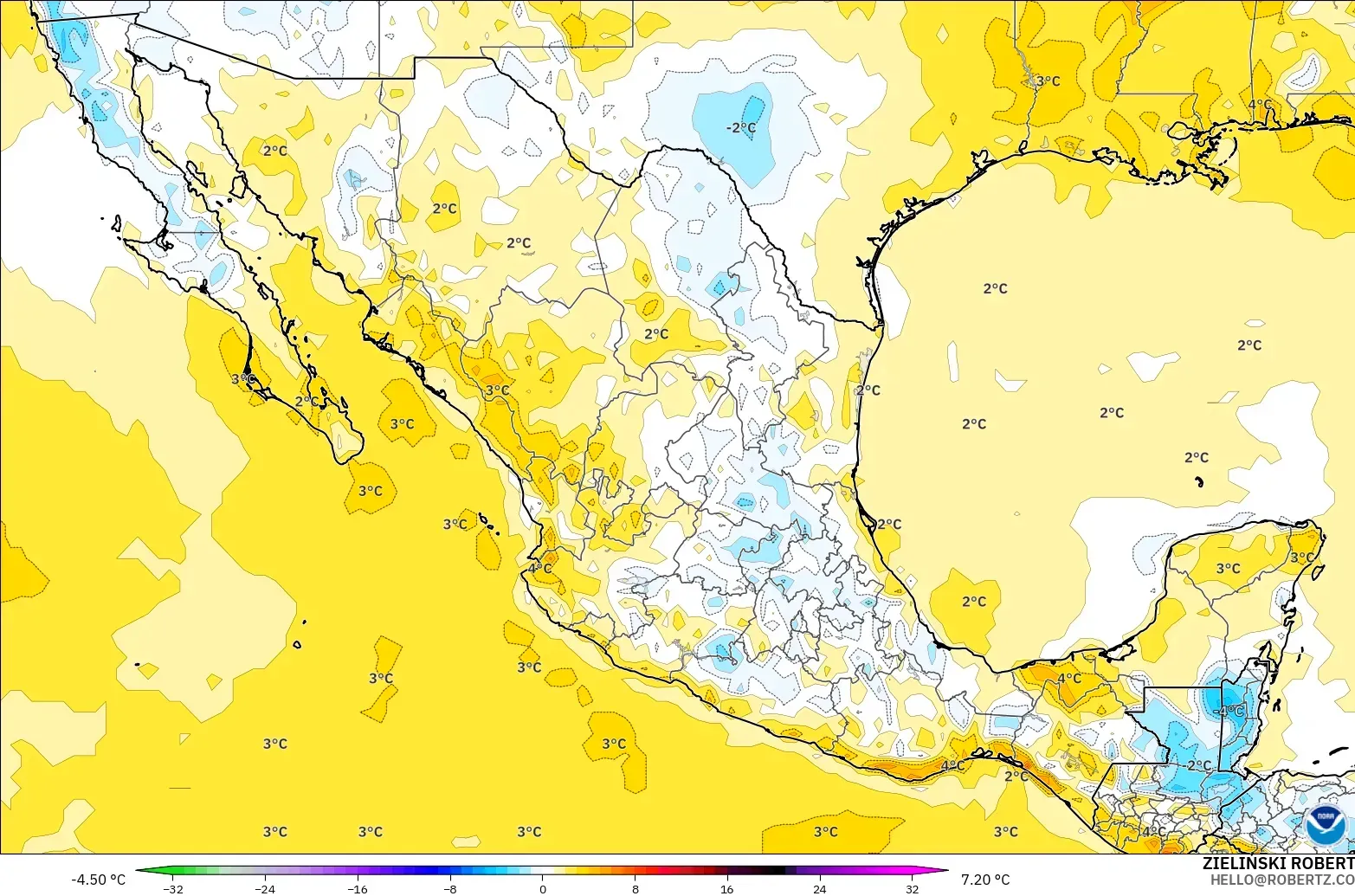 GFS model - Mexico, Temperature at 2m Anomaly