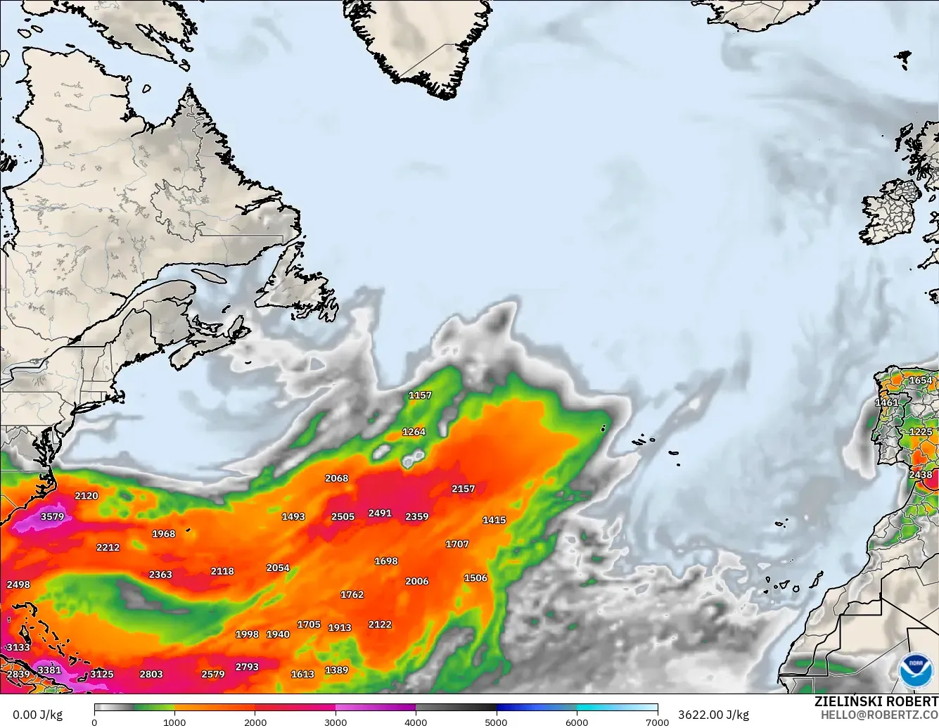 GFS model - North Atlantic, CAPE