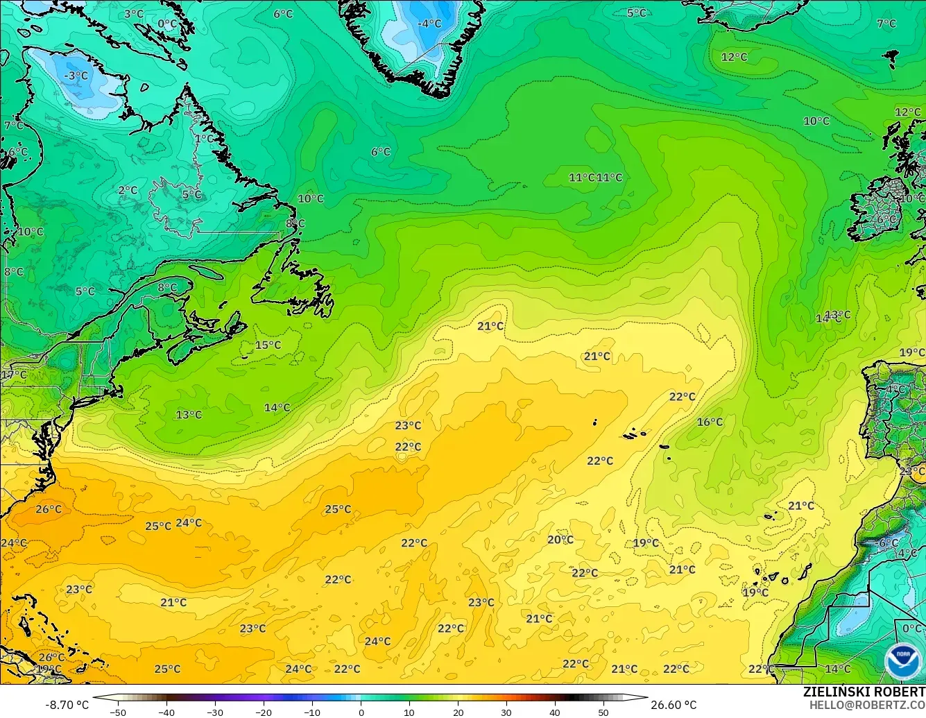 GFS model - North Atlantic, Dewpoint at 2m
