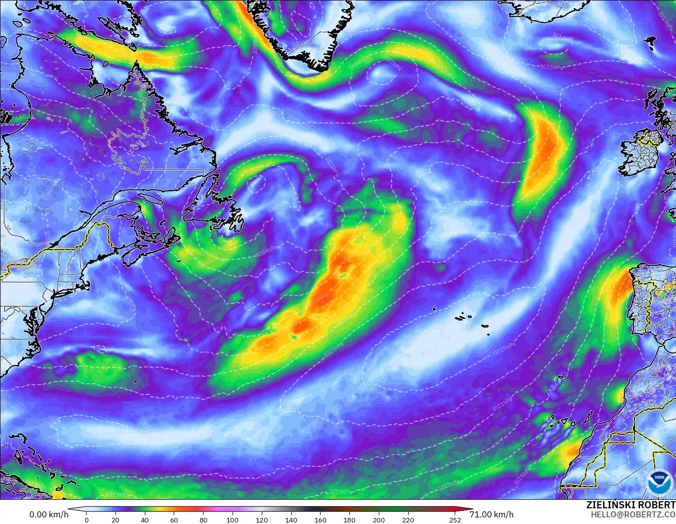 GFS model - North Atlantic, Wind Gusts