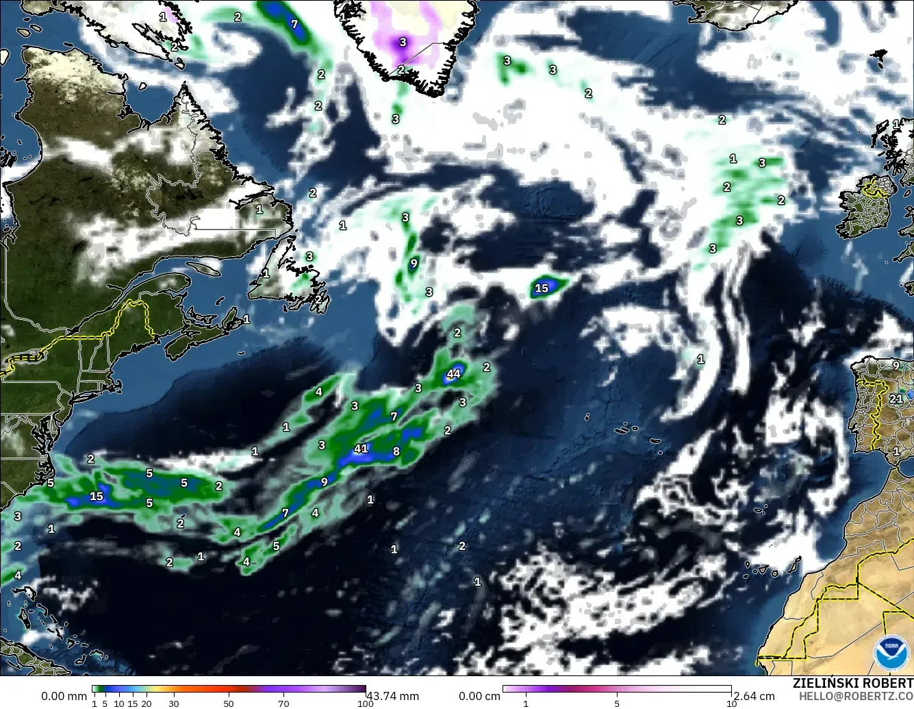 GFS model - North Atlantic, Precipitation, Clouds, and Pressure