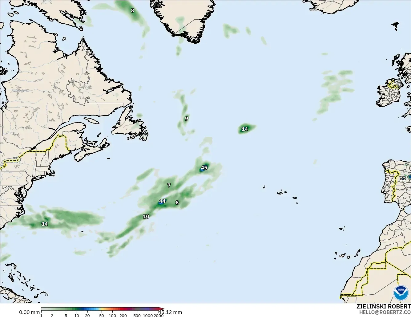 GFS model - North Atlantic, Precipitation Accumulation