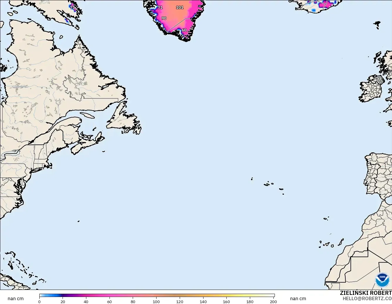 GFS model - North Atlantic, Snow Depth