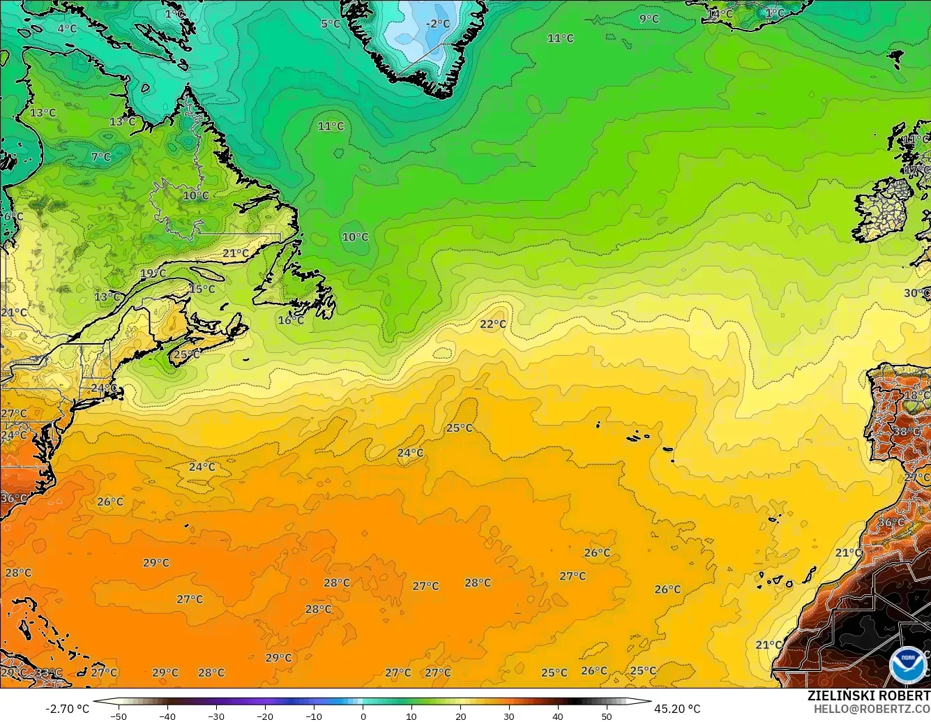GFS model - North Atlantic, Temperature at 2m
