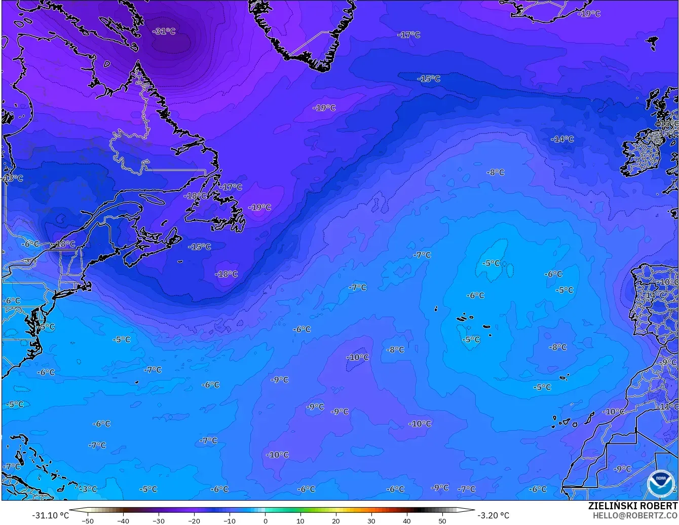 GFS model - North Atlantic, Temperature at 500hPa