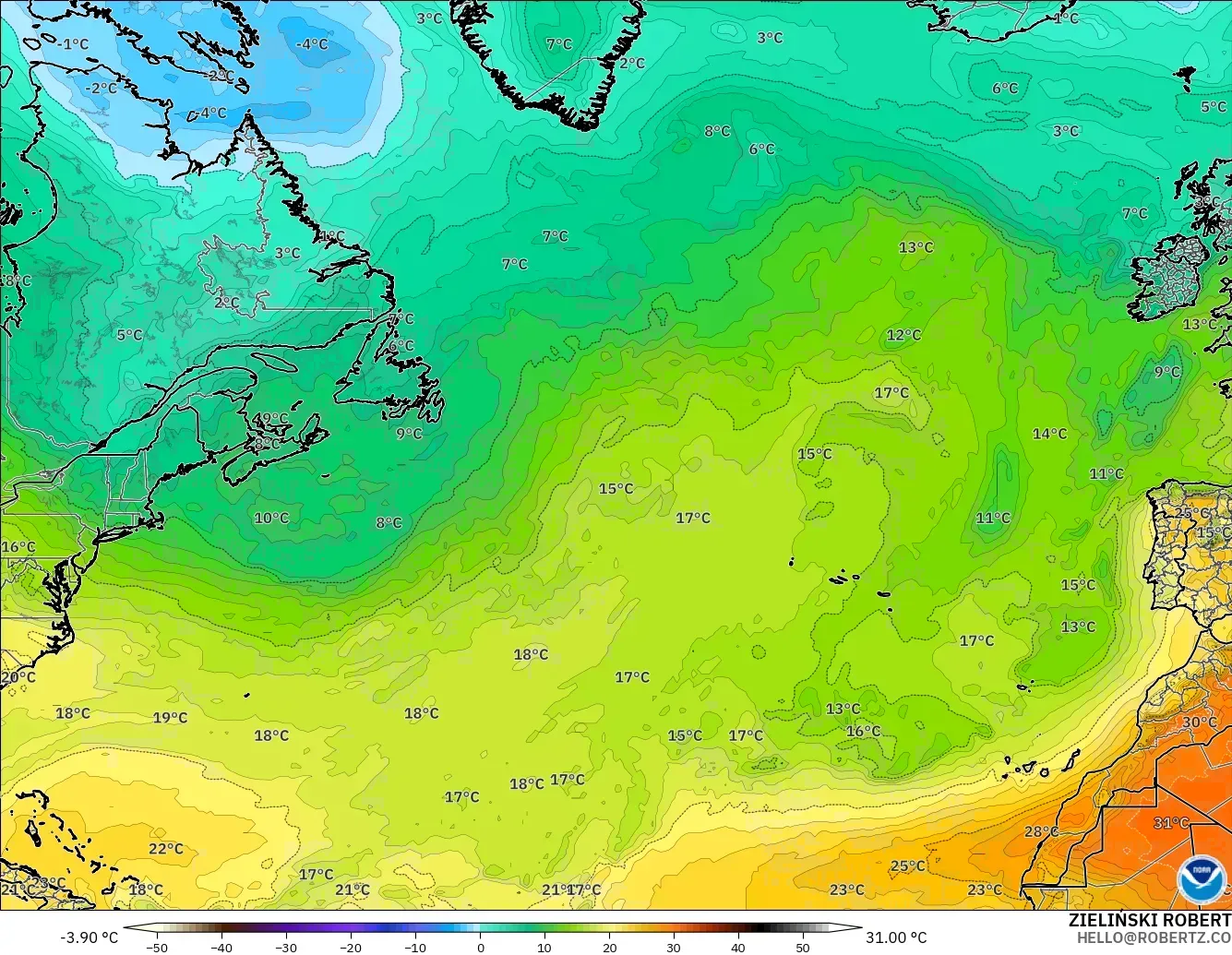 GFS model - North Atlantic, Temperature at 850hPa