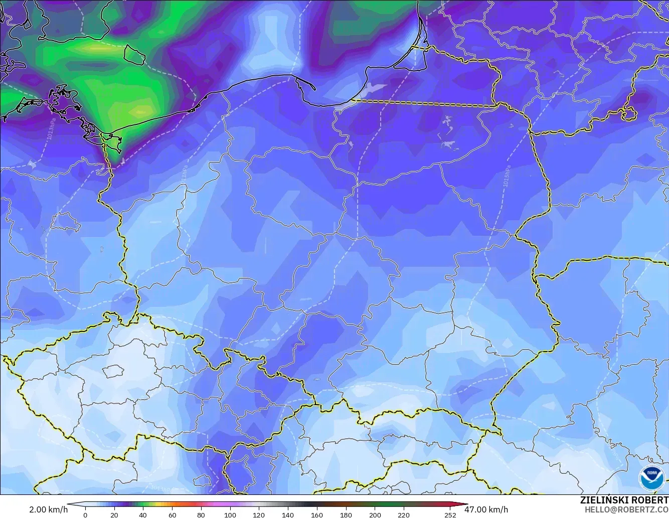 GFS model - Poland, Wind Gusts Peak