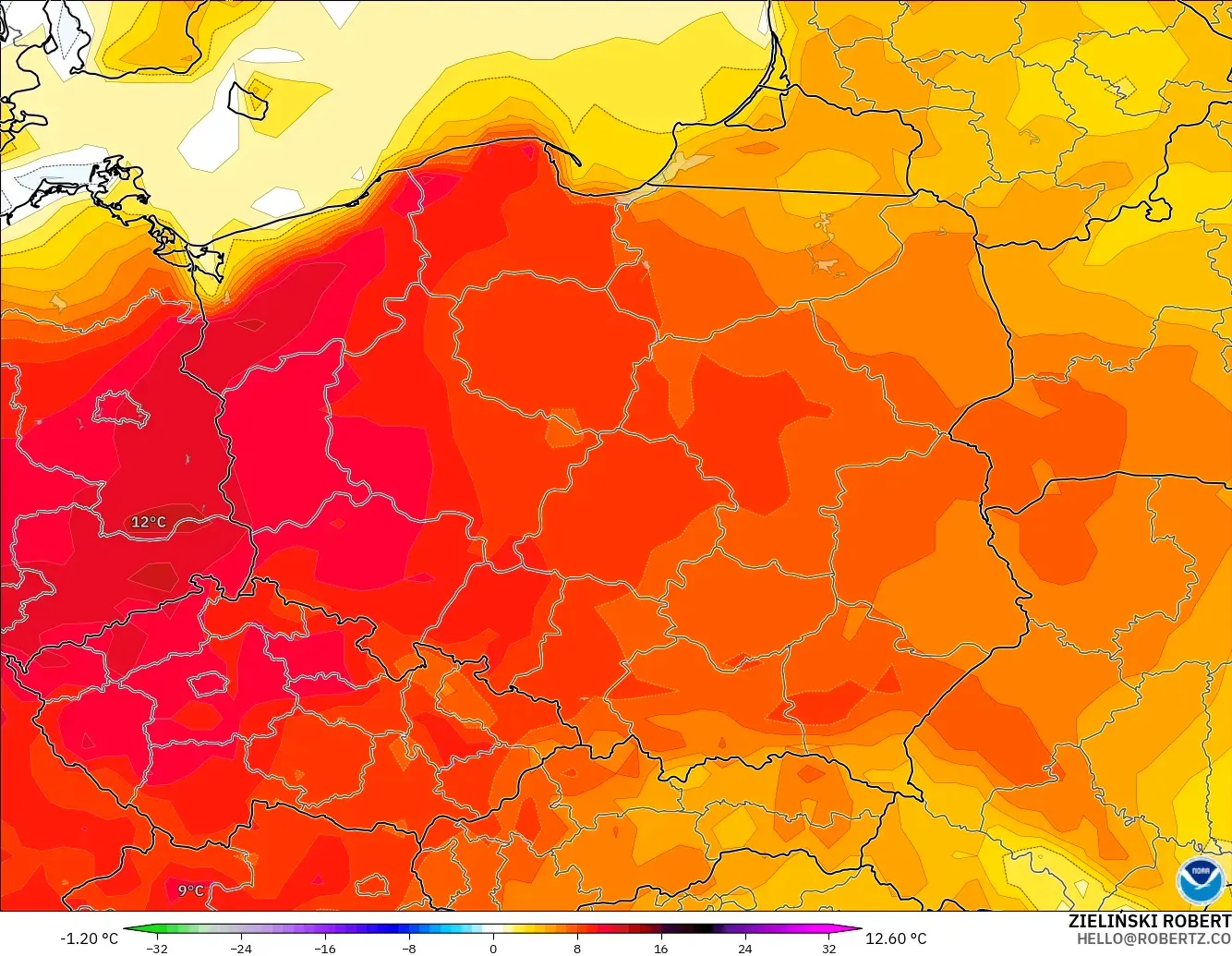 GFS model - Poland, Temperature at 2m Anomaly