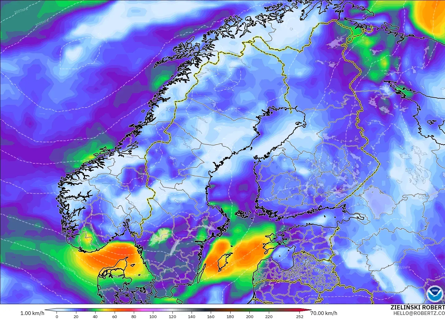 GFS model - Scandinavia, Wind Gusts Peak