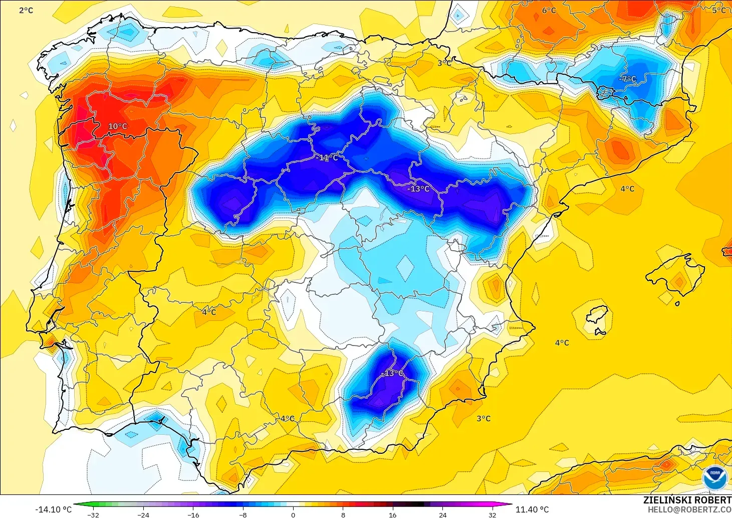 GFS model - Spain, Temperature at 2m Anomaly