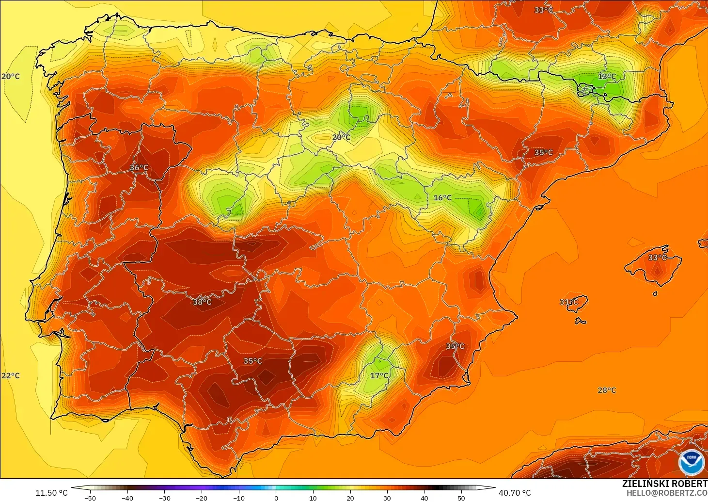 GFS model - Spain, Temperature at 2m