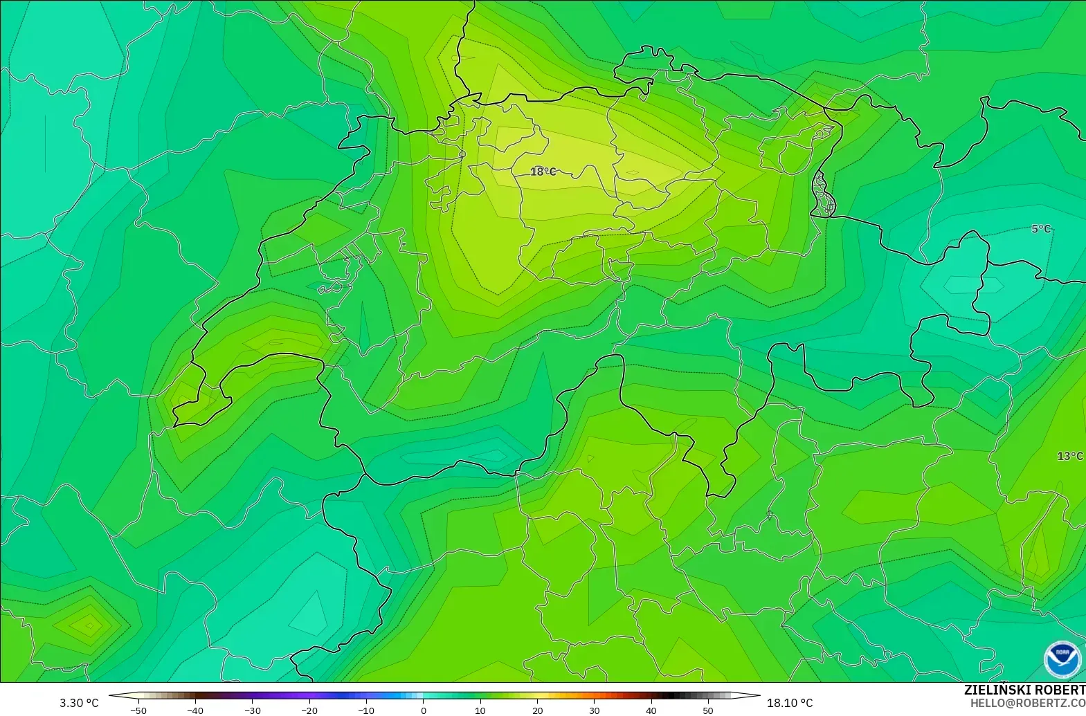 GFS model - Switzerland, Dewpoint at 2m