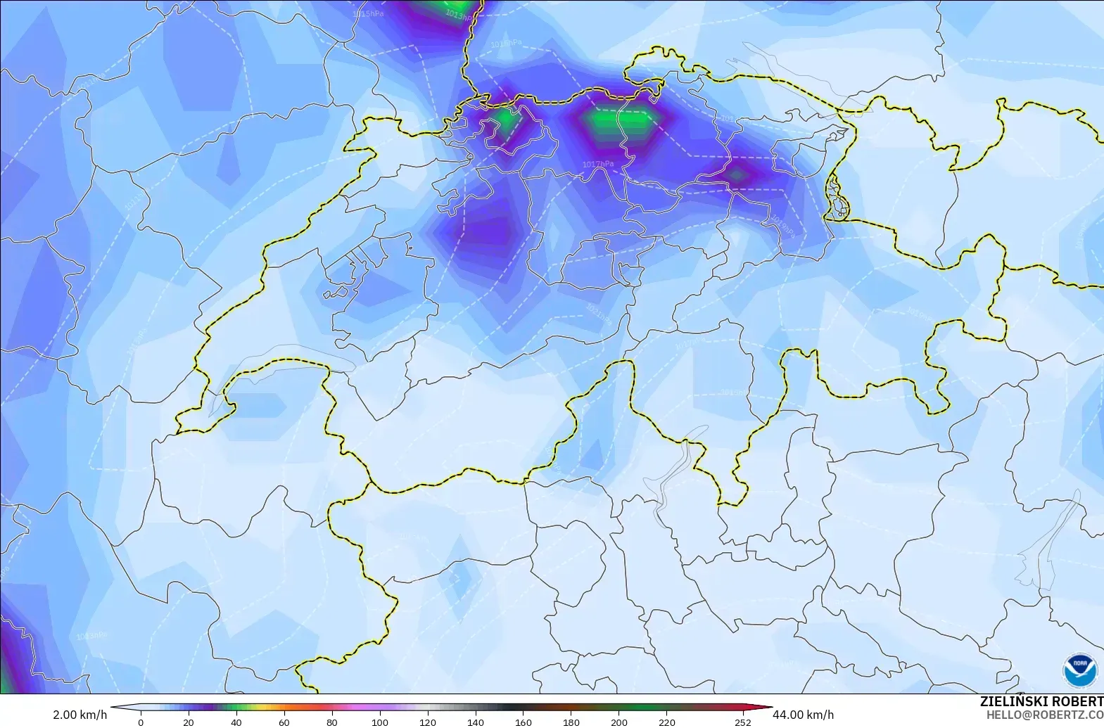 GFS model - Switzerland, Wind Gusts Peak