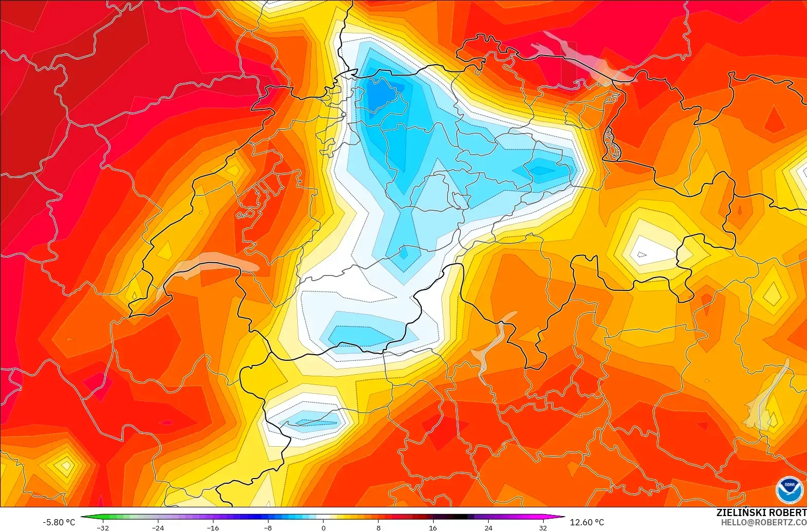 GFS model - Switzerland, Temperature at 2m Anomaly