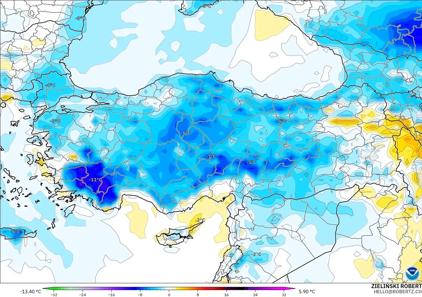 GFS model - Turkey, Temperature at 2m Anomaly